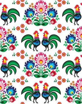Seamless Polish folk art pattern with roosters - Wzory Lowickie, wycinanka Stock Illustration