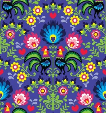 Seamless Polish folk art pattern with roosters - Wzory Lowickie, Wycinanka イラスト素材