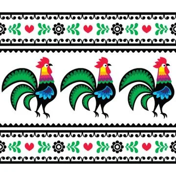 Seamless Polish folk art pattern with roosters - Wzory lowickie, Wycinanka Stock Illustration