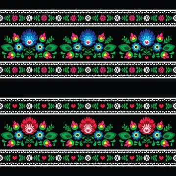 Seamless Polish folk art pattern with flowers - wzory lowickie on black Stock Illustration