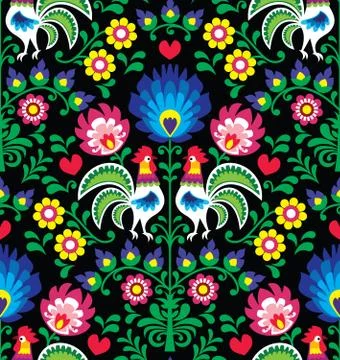 Seamless Polish folk art pattern with roosters - Wzory Lowickie, Wycinanka イラスト素材