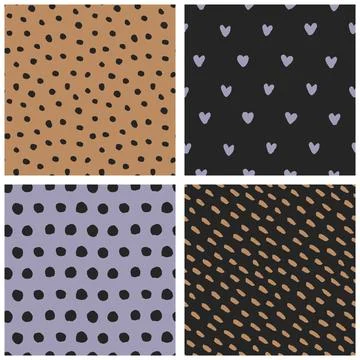 Seamless polka dot, heart-shaped patterns, vintage retro texture purple orang Illustrazione stock
