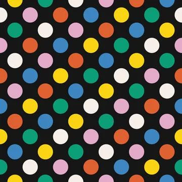 Seamless polka dot pattern with colorful circles on black background. Geometr Stock Illustration