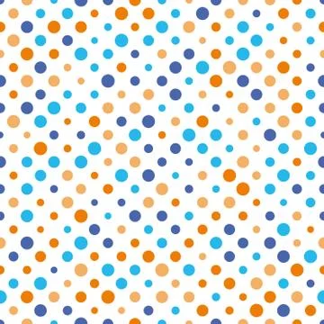 Seamless polka dot pattern. Orange and blue dots in random sizes on white Stock Illustration