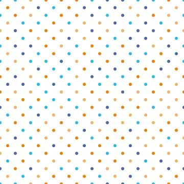 Seamless polka dot pattern. Orange and blue dots in random sizes on white Stock Illustration