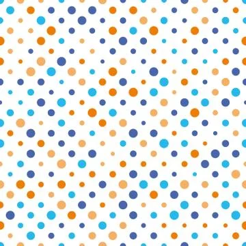 Seamless polka dot pattern. Orange and blue dots in random sizes on white Stock Illustration