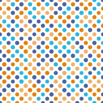 Seamless polka dot pattern. Orange and blue dots in random sizes on white Illustrazione stock