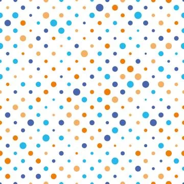 Seamless polka dot pattern. Orange and blue dots in random sizes on white Stock Illustration