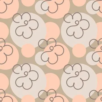 Seamless polka dot pattern. The outlines of simple hand drawn flowers. Pastel 스톡 일러스트