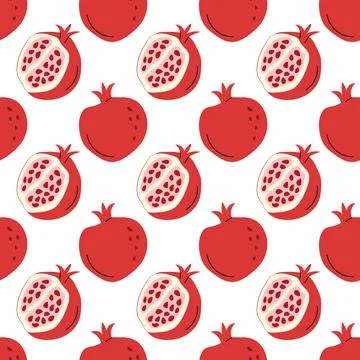 Seamless pomegranate pattern with stylized red fruit on white background Stock Illustration