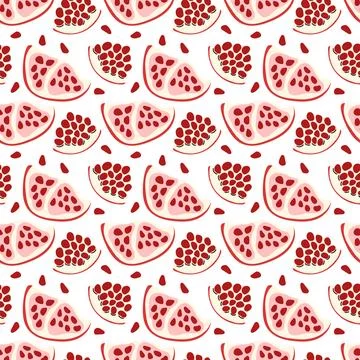 Seamless Pomegranate Slice Pattern with Red Seeds on White Background Vecto.. Stock Illustration