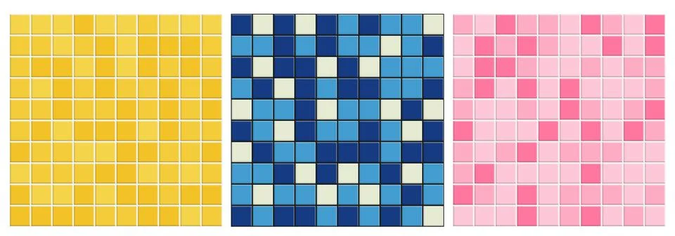 Seamless pool tile background set. Yellow, blue and pink ceramic mosaic patte Stock Illustration