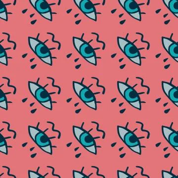 Seamless pop art pattern with cry eyes. Pink background and blue elements. Cr Stock Illustration