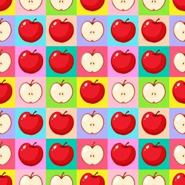 Seamless Pop Art Pattern with Red Apples on Colorful Checkered Background Stock Illustration