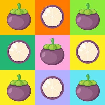 Seamless Pop Art Pattern of Whole and Halved Mangosteen Fruit Illustrazione stock