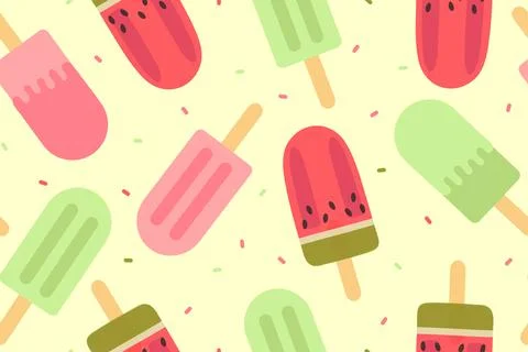 Seamless popsicle ice cream pattern. Vector illustration isolated on a yellow Stock Illustration