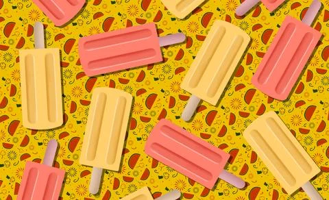 Seamless Popsicle Pattern with Summer Doodles on Yellow Background イラスト素材