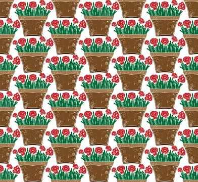 Seamless Potted Flowers Pattern Vector  Cute Floral Houseplant Background, De Иллюстрация