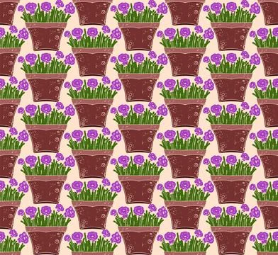 Seamless Potted Flowers Pattern Vector  Cute Floral Houseplant Background, De Illustrazione stock