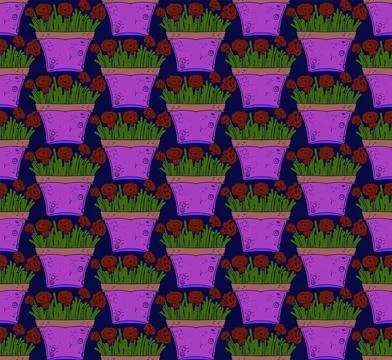 Seamless Potted Flowers Pattern Vector  Cute Floral Houseplant Background, De Stock Illustration
