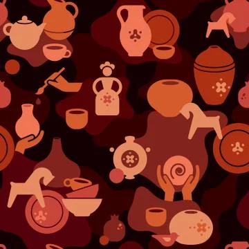 Seamless pottery pattern with vases and others ceramic. Clay horse, women, and Stock Illustration