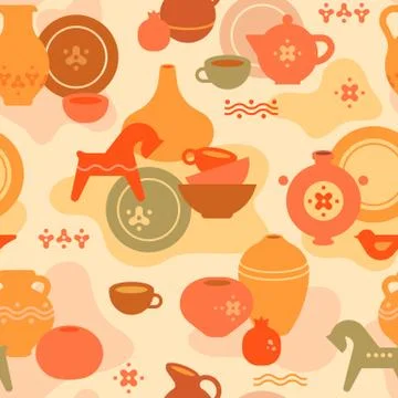 Seamless pottery pattern with vases and others ceramic. Clay horse, women, and Stock Illustration