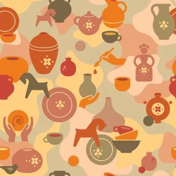 Seamless pottery pattern with vases and others ceramic. Clay horse, women, and Stock Illustration