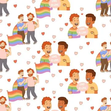 Seamless pride pattern with LGBTQ couples rainbow flags Illustrazione stock