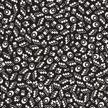 Seamless primitive jumble minimalism patterns. Randomly scattered geometric.. Stock Illustration