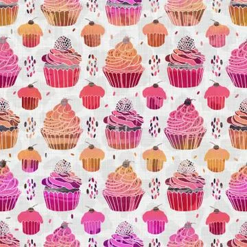 Seamless printed cupcake woven texture. Hand drawn grunge damask on linen fabric Stock Illustration
