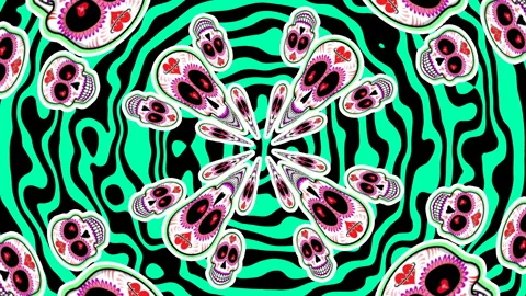 Seamless psychedelic background with Mexican sugar skulls spiral. Halloween Stock-Footage 266212779