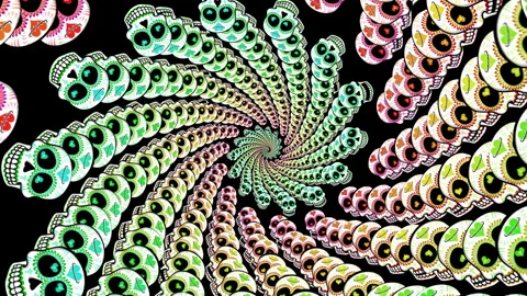 Seamless psychedelic background with Mexican sugar skulls spiral. Halloween Vidéo 266221573