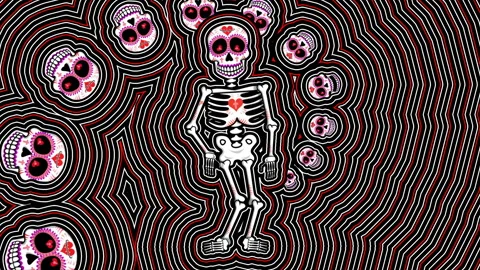 Seamless psychedelic background with Mexican sugar skulls and skeleton with wave Vidéo 266589181