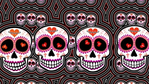 Seamless psychedelic background with Mexican sugar skulls with wave effect. Video stock 266790058