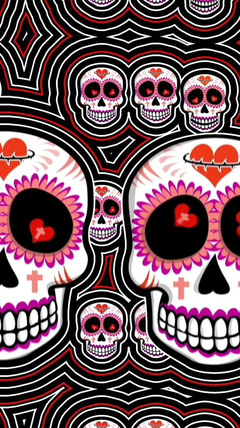 Seamless psychedelic background with Mexican sugar skulls with wave effect. Stock Footage 321731091