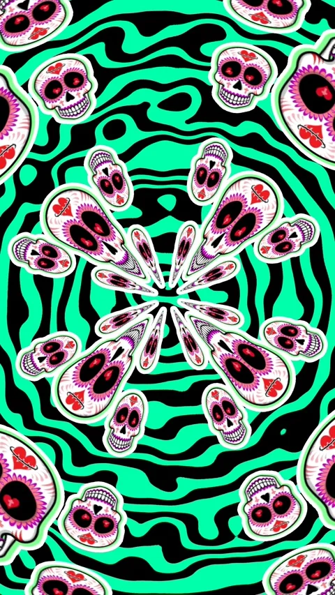 Seamless psychedelic background with Mexican sugar skulls spiral. Halloween Stock Footage 321733851