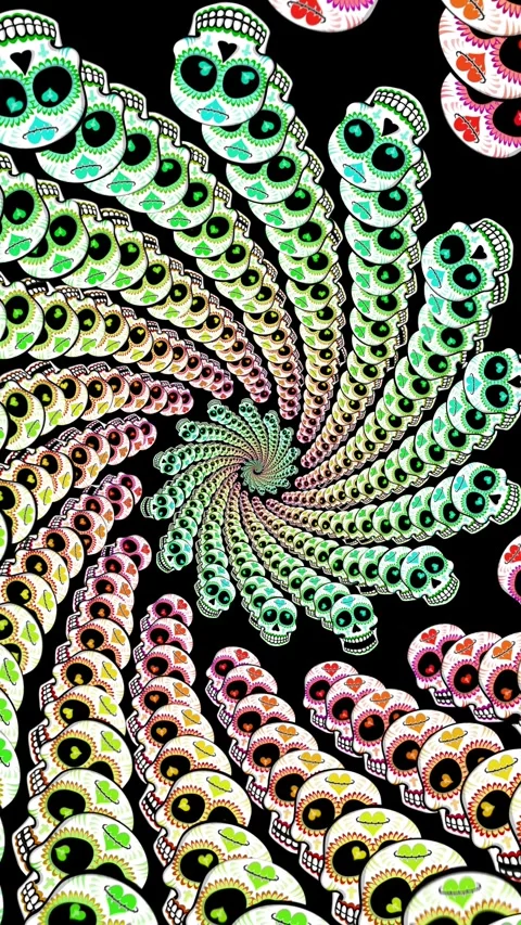 Seamless psychedelic background with Mexican sugar skulls spiral. Halloween Vidéo 321741162