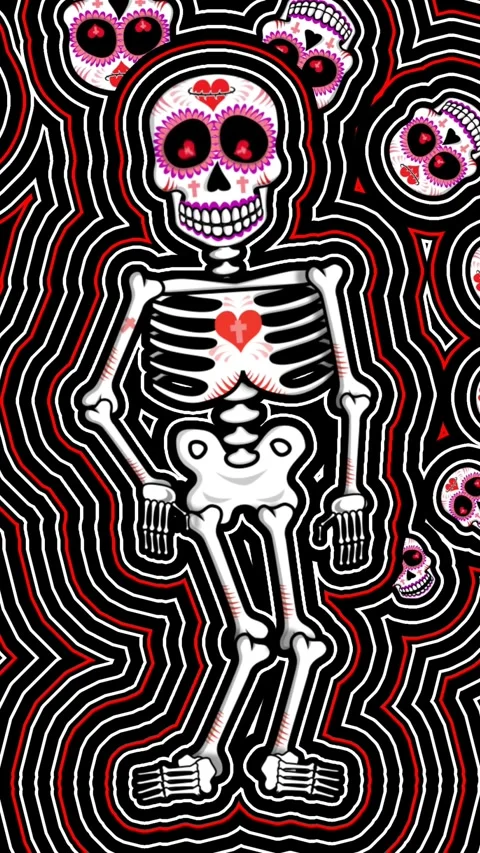 Seamless psychedelic background with Mexican sugar skulls and skeleton with wave Stock-Footage 321741498
