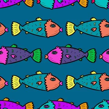 Seamless psychedelic fish vector pattern. Bright fishes in rows, pattern for  Stock Illustration