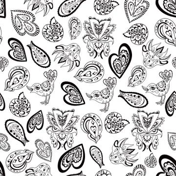 Seamless psychedelic pattern with crazy black and white ornamental elements. Stock Illustration