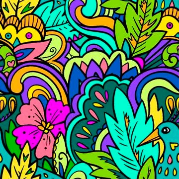 Seamless psychedelic pattern with crazy colorful ornamental elements. 스톡 일러스트