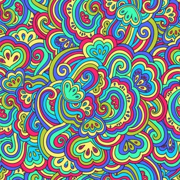 Seamless psychedelic pattern with crazy colorful ornamental elements. Stock Illustration