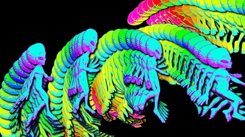 Seamless psychedelics loopable animation of walking aliens cartoon style with Video stock 264167596