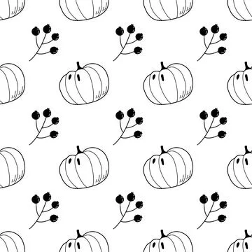 Seamless Pumpkin and Berry Pattern Cute Hand Drawn Black and White Autumn Doodle Illustrazione stock