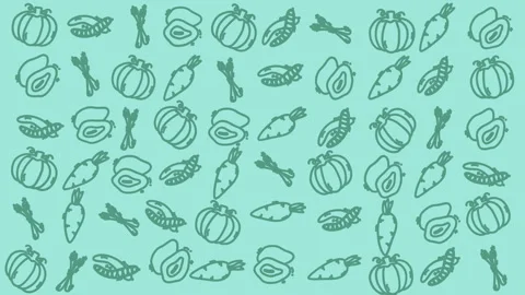 Seamless pumpkin and vegetable doodle pattern teal background stock video Vidéo 330873028