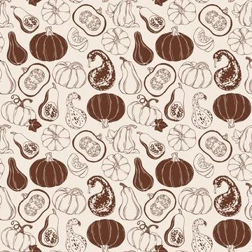 Seamless Pumpkin Doodle Pattern with Squash, Gourd and Seeds. Autumn Harvest Stock Illustration