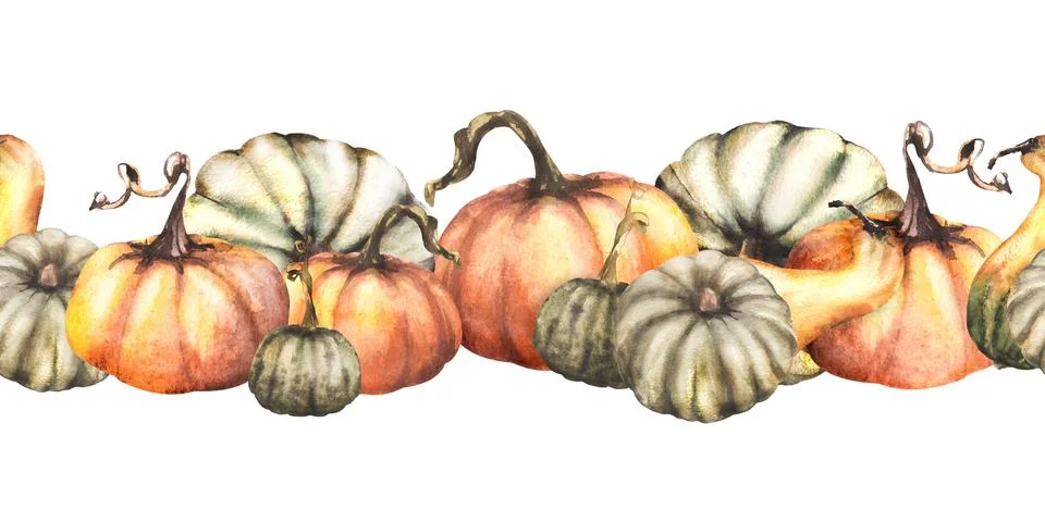 Seamless pumpkins border. Isolated from background. Watercolor autumn Illustrazione stock
