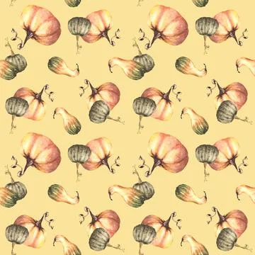 Seamless pumpkins pattern Isolated on colored background Watercolor autumn .. Stock Illustration