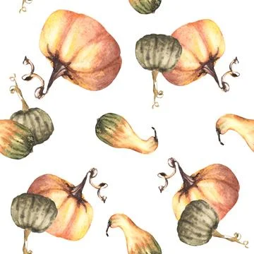 Seamless pumpkins pattern. Isolated white background. Watercolor autumn Stock Illustration
