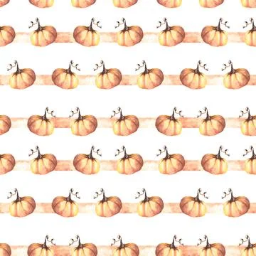 Seamless pumpkins striped pattern. Isolated white background. Watercolor il.. Stock Illustration